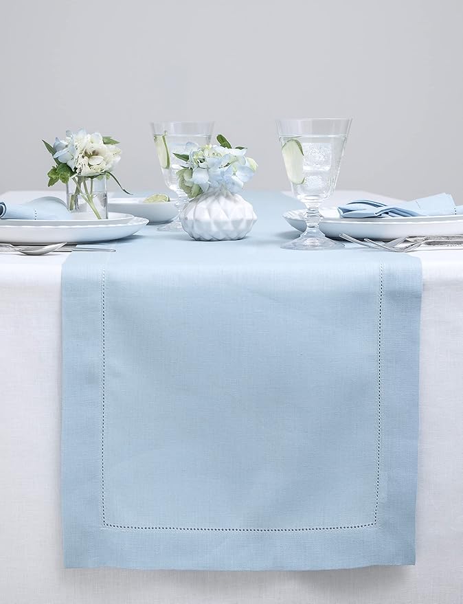 Solino Home Linen Sky Blue Table Runner 36 Inches - Classic Hemstitch, 100% Pure Linen Coffee Table Runner 14 x 36 Inch Ideal for Dresser Tables-Ruum Studio Home