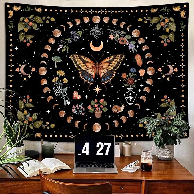 Aipon Yellow Butterfly Moon Flower Tapestry Botanical Floral Plant Boho Tapestry for Bedroom Aesthetic Vintage Tapestries Wall Hanging for Living Room Dorm (36.00'' × 48.00'', Yellow)-Ruum Studio Home