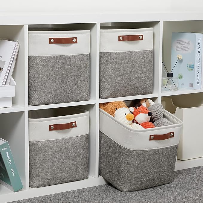 DULLEMELO [Set of 4 Storage Cubes Baskets for Organizing, 12 x 12 x 12 inch Cube Storage Organizer Bins with Leather Handles, Foldable Fabric Cloth Bins for Cube Storage(4 Pack - 12" White&Grey)-Ruum Studio Home