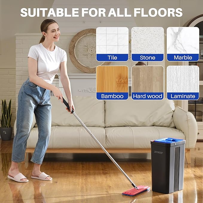 JOYMOOP Mop and Bucket with Wringer Set, Hands Free Flat Floor Mop and Bucket, with 4 Washable Microfiber Pads, Wet and Dry Use, Floor Cleaning System - Black+Red+Slate Blue-Ruum Studio Home