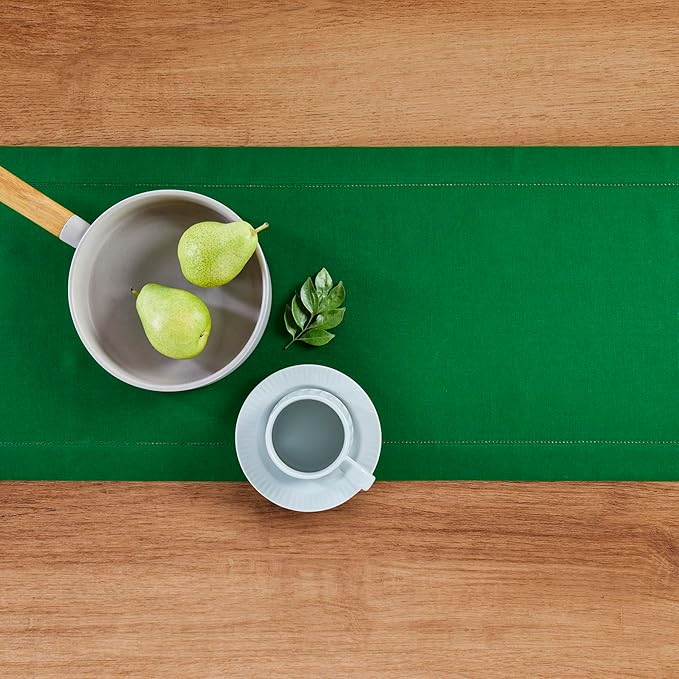 Solino Home Linen Garden Green Table Runner 144 Inches Long - 100% Pure Linen Extra Long Table Runner 14 x 144 Inch - Classic Hemstitch-Ruum Studio Home