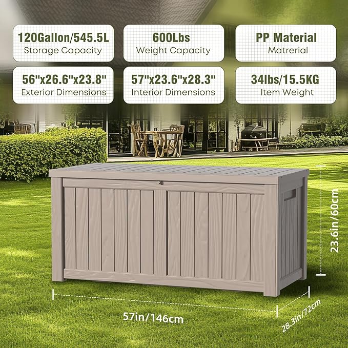 DRATO 120 Gallon Large Deck Box, Outdoor Storage Box for Patio Furniture, Patio Cushions, Gardening Tools, Pool Supplies,660lbs Weight Capacity,Waterproof Resin Storage Boxes-Ruum Studio Home