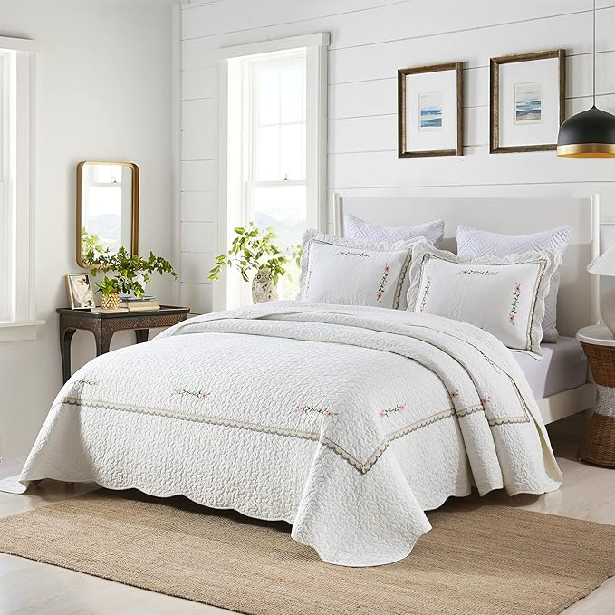 MarCielo 3-Piece 100% Cotton Oversized Bedspread Lightweight Quilt Coverlet Embroidery Farmhouse Bedding Set (Sakura White, Oversized Queen (100"x106"))-Ruum Studio Home