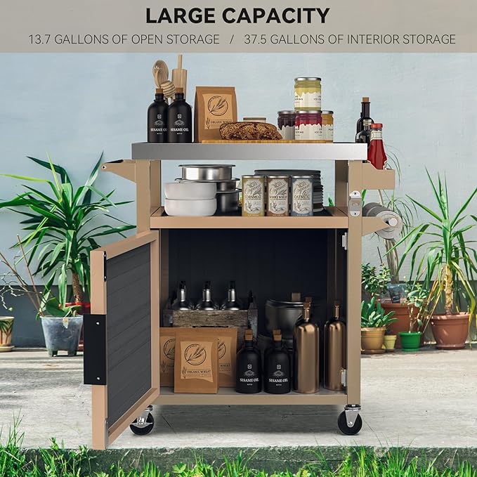 Skyflame Outdoor Grill Cart with Storage on Wheels, Rolling Kitchen Island with Stainless Steel Table Top, Multifunctional BBQ Food Prep Table with Magnetic Single Door for Patio Backyard Garden Deck-Ruum Studio Home