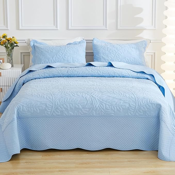 MarCielo 3-Piece 100% Cotton Oversized Bedspread Lightweight Quilt Coverlet Embroidery Farmhouse Bedding Set T0 (Light Blue, Oversized King (118"x106"))-Ruum Studio Home