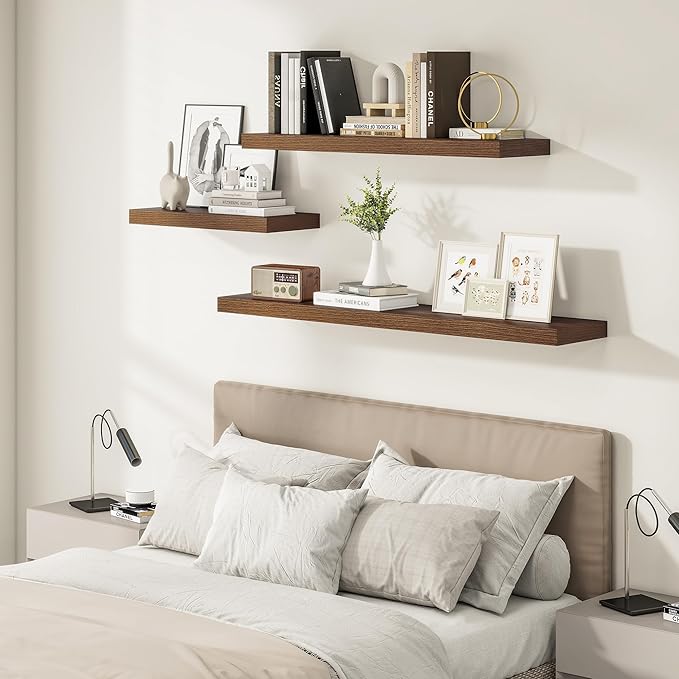Wide Floating Shelves for Wall 12 Inch Deep, 36" X 12" X 2" Floating Shelf, 2 Inch Thick Shelf for Bathroom Bedroom Kitchen Book Room, Heavy Duty 65lbs Shelves for Farmhouse Decor Set of 2, Walnut-Ruum Studio Home