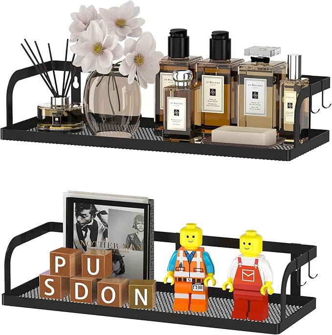 PUSDON Hanging Storage Baskets Organizer Wall Mount, Metal Wire Storage Bin Rack for Kitchen Bathroom Shower Spice Shelf Home Decor Essentials Black-2 Packs (Hollowout)-Ruum Studio Home