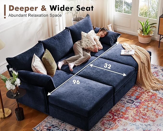 102.6" Modular Sectional Sofa, Oversized 3-Seater Blue Couch with Removable Chenille Fabric Cover, Deep Seat & High Backrest for Living Room, Office & Apartment-Ruum Studio Home
