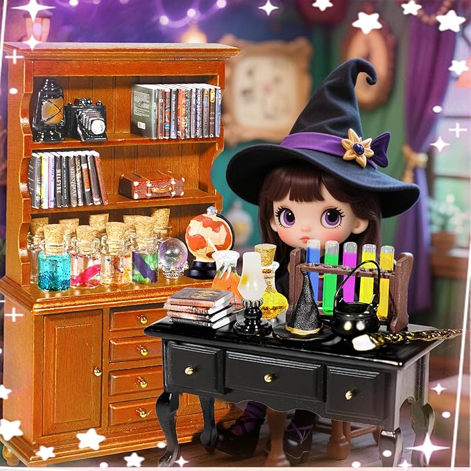 Rileryan 54 Pcs 1:12 Scale Magic Witchy House Kit Miniature Furnitures Accessories Mini Wooden Bookshelf Bookcase 30 Mini Books Desk Chair Halloween Decoration-Ruum Studio Home