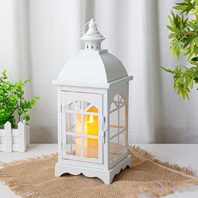 TRIROCKS Decorative Vintage Candle Lanterns 14.5" H Farmhouse Outdoor Hanging Lanterns with Tempered Glass for Porch, Balcony, Patio, Home, Centerpieces, Indoor, Outdoor(White)-Ruum Studio Home