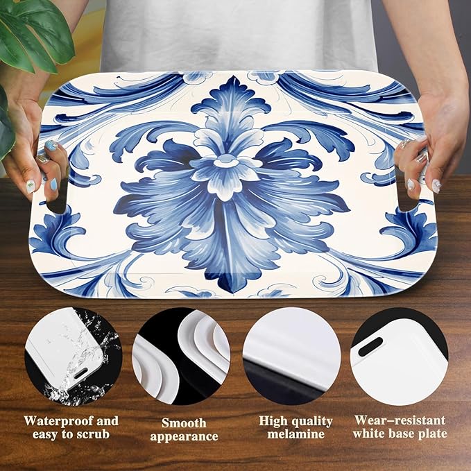 Serving Trays with Handles, 14.5 x 9.8 inch Rectangular Plastic Tray for Restaurant, Kitchen, Blue and White Pattern-Ruum Studio Home