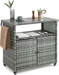 Wicker Outdoor Bar Cart - Gray Gradient Patio Console Storage Table Buffet Cabinet Serving Kitchen Cart with Wheels for Outside Backyard-Ruum Studio Home