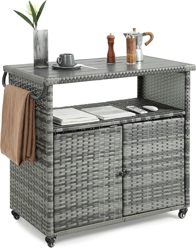 Wicker Outdoor Bar Cart - Gray Gradient Patio Console Storage Table Buffet Cabinet Serving Kitchen Cart with Wheels for Outside Backyard-Ruum Studio Home