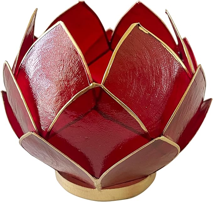 Blooming Lotus Capiz Shell Tealight Candle Holder, Handcrafted Decorative Tea Light Candleholder with Translucent Flower Petals for Ambient Illumination and Natural Elegance, Red-Ruum Studio Home