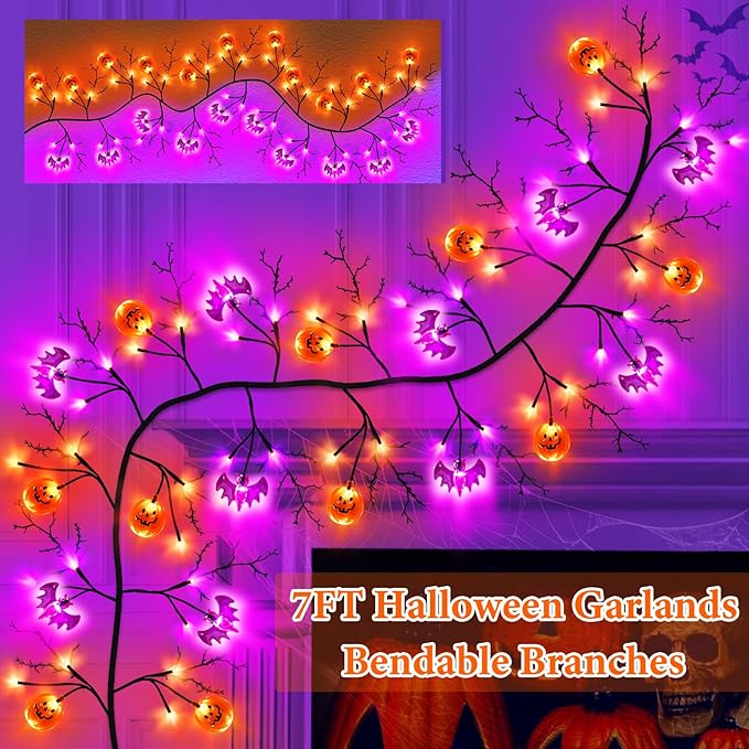7 Ft 63 LED Halloween Willow Vine Twig Garland with 8 Modes Timer Orange Purple 21 Pumpkin Bats Lights,Halloween Garland with Waterproof Battery Operated for Indoor Wall Fireplace Decorations-Ruum Studio Home