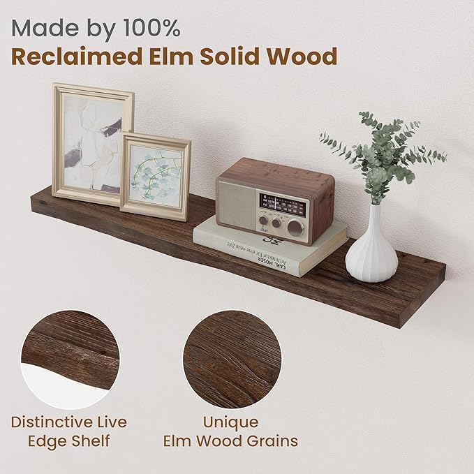 Floating Shelves for Wall Decor, Rustic Solid Elm Wood Live Edge Floating Shelves Wall Mounted, Wall Shelves with Invisible Bracket for Living Room Bathroom Bedroom Kitchen, 32 Inch Set of 2, Walnut-Ruum Studio Home