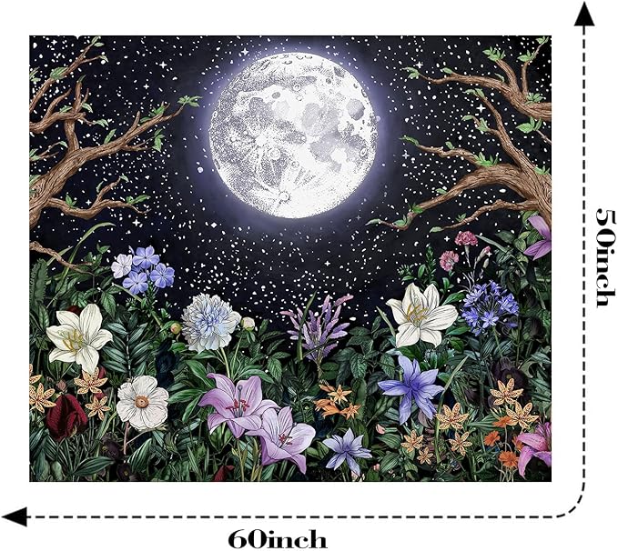 Neasow Aesthetic Moon Garden Tapestry Wall Hanging, Night Landscape with Colorful Plants Floral Tapestries for Bedroom Home Decor Multi Color 50×60 inch (130cm×150cm)-Ruum Studio Home