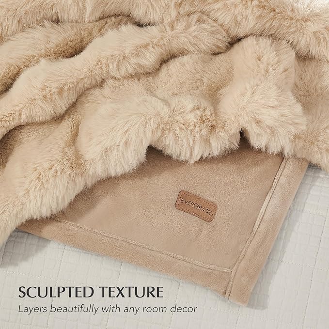 EVERGRACE Ultra Soft Luxury Fluffy Ridgeline Faux Rabbit Fur Throw Blanket, Thick Warm Bubble Throw for Bed, Cozy Plush Reversible Blankets for Couch, Chair, Sofa, Cream, 80x90 Inches, 870 GSM-Ruum Studio Home