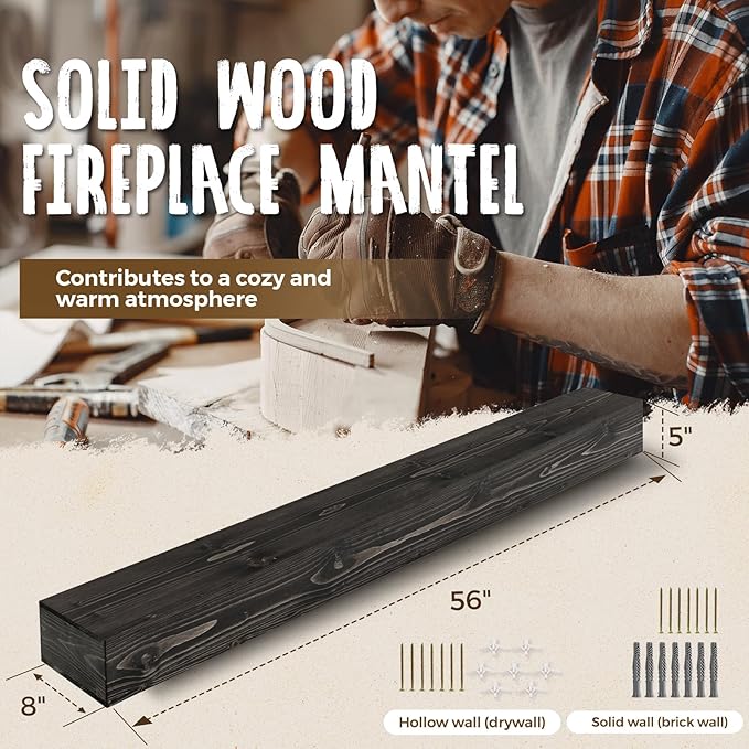 56x8x5 Fireplace Mantel - Handcrafted Hollow Rustic Solid Wood Wall Mounted Floating Shelf with Invisible Heavy Duty Wood Bracket (Weathered Black)-Ruum Studio Home