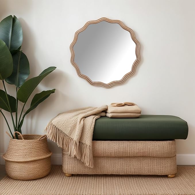 Round Mirror Vanity Mirrors for Bathroom with Wavy Wood & Beaded Frame - Wall Mirrors for Living Room,Entry Mirrors for Wall,Decorative Mirror-Ruum Studio Home
