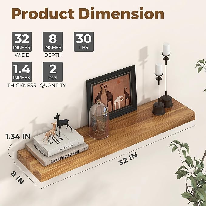 Axeman Floating Shelves for Wall - 32''W x 8'' D Rustic Solid Elm Wood Shelves for Storage, Wall Mounted Display Shelving with Invisible Heavy-Duty Metal Bracket (Natural, 2PCs)-Ruum Studio Home