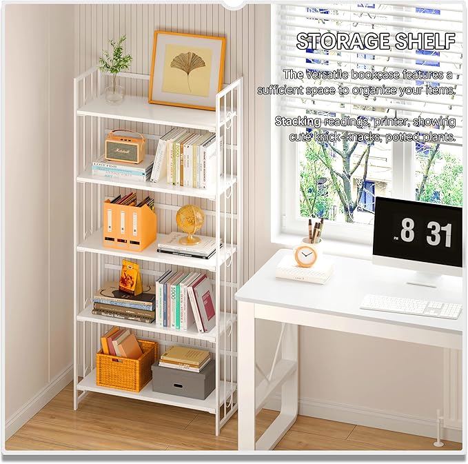 4NM No Assembly 5 Tiers Folding Bookshelf, 59.4" H Foldable Storage Shelves Vintage Bookcase Standing Racks Study Organizer Home Office - All White-Ruum Studio Home