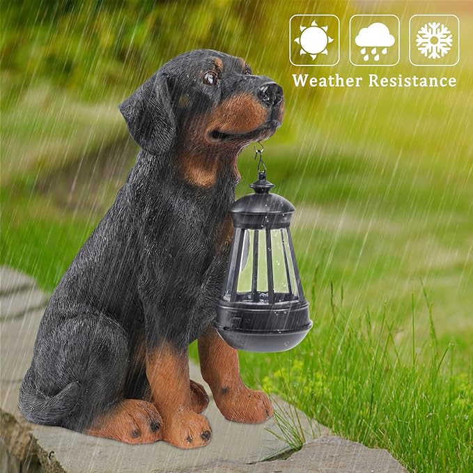 Garden Dog Statues Outdoor Decor, 13" Solar Powered LED Lights Outdoor Statue Garden Decorations Rottweiler Figurine for Patio, Lawn, Yard Art Decoration, Housewarming Garden Gift-Ruum Studio Home