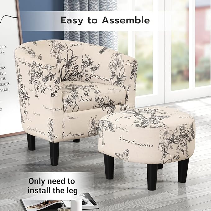 INZOY Modern Accent Chair with Ottoman for Small Space, Club Chair with Ottoman Set, Comfy Fabric Barrel Reading Chairs for Living Room Bedroom, Round Reading Chair with Foot Rest, Flower Pattern-Ruum Studio Home