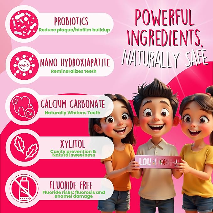 LOL Fluoride Free Toothpaste Kids, Nano Hydroxyapatite Toothpaste,Probiotics & Xylitol Tooth Paste Kids | Remineralizing | Natural | Plant-Based Foam | Pasta De Dientes para Niños. (Strawberry)-Ruum Studio Home