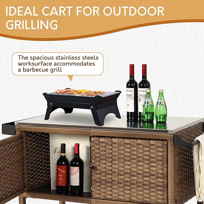 Wicker Outdoor Bar Cart with 4 Lockable Casters, Patio Prep Stainless Table with 2 Ratten Doors Storage Cabinet,Island Cart with WPC Shelf for Grill, Kitchen and Garden, Brown-Ruum Studio Home