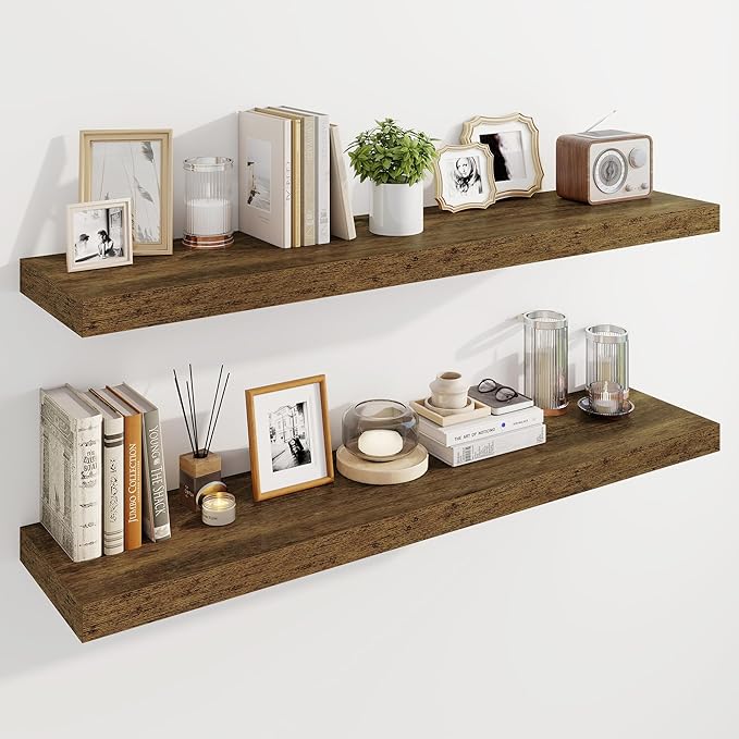 Marsmiles 48" Floating Shelves for Wall, Wooden Shelves with Invisible Brackets Set of 2, Rustic Farmhouse Wall Mounted Shelf for Kitchen Bathroom Living Room Study, Rustic Brown-Ruum Studio Home