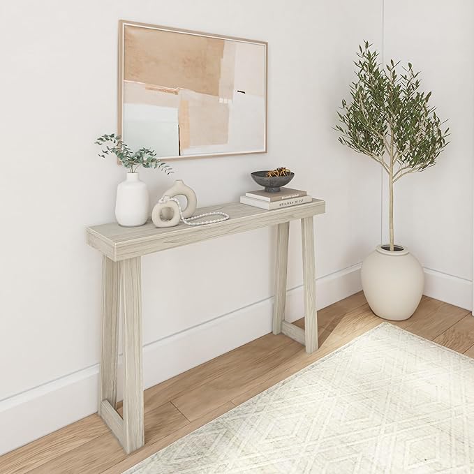 Plank+Beam Solid Wood Console Table, 46.25 Inch, Sofa Table, Narrow Entryway Table for Hallway, Behind The Couch, Living Room, Foyer, Easy Assembly, Coastal White-Ruum Studio Home