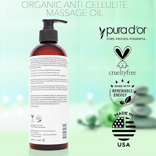 PURA D'OR 16 Oz Organic Anti-Cellulite Massage Oil - Lemon Peel, Moringa, Grape Seed, Grapefruit & Eucalyptus Oils - Skin Firming & Tightening for Active Individuals & Aging Adults-Ruum Studio Home
