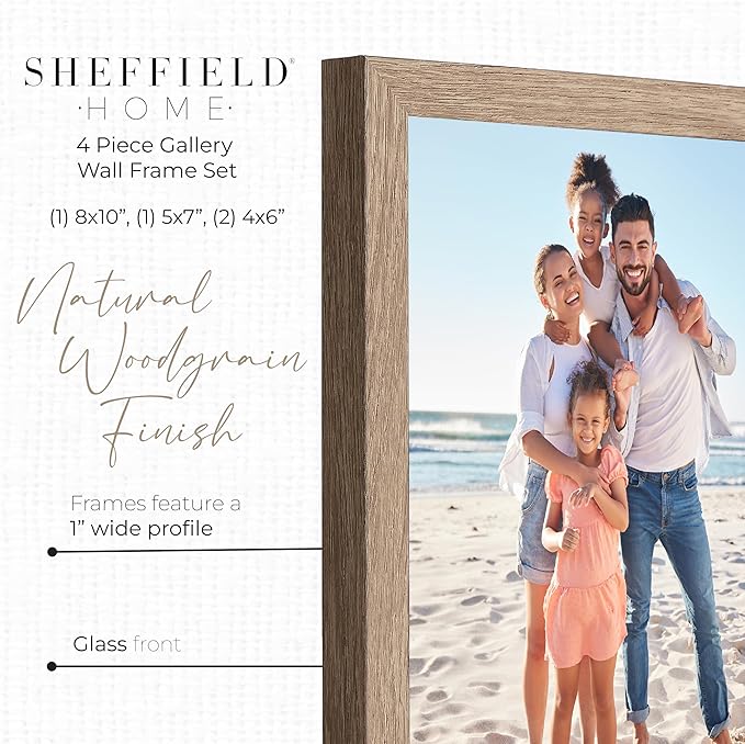 Sheffield Home 4 Piece Gallery Wall Frame Set, 8x10 Inch, 5x7 Inch, and 4x6 Inch, Light Natural-Ruum Studio Home