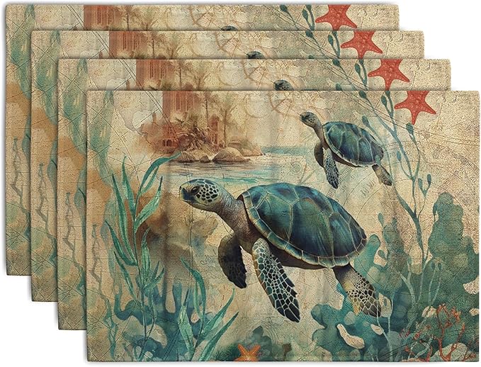 Sea Turtle Placemats Set of 4 Summer Beach Seasonal Linen Table Mats 12x18 Inch Vintage Ocean Animal Heat Resistant Washable Non-Slip Place Mats for Party Kitchen Dining Decoration-Ruum Studio Home
