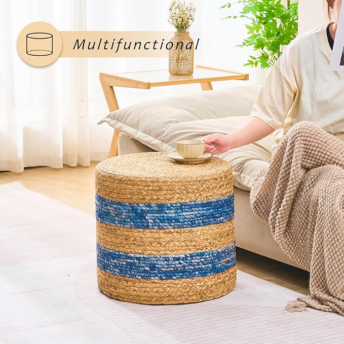 Handwoven Ottoman Pouf, Natural Water Hyacinth Footstool, Round Braided Outdoor Seat with Sturdy Frame, Boho Accent Stool for Patio, Balcony, or Garden (Blue)-Ruum Studio Home