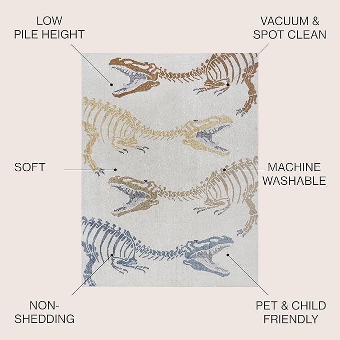 JONATHAN Y Machine-Washable Cream/Multi Indoor Area Rug, 8x10, Kingdarr T-Rex Modern, Casual, Kids & Novelty for Living Room, Dining Room, Bedroom, Kitchen Easy-Cleaning, Non-Shedding (KDW103A-8)-Ruum Studio Home