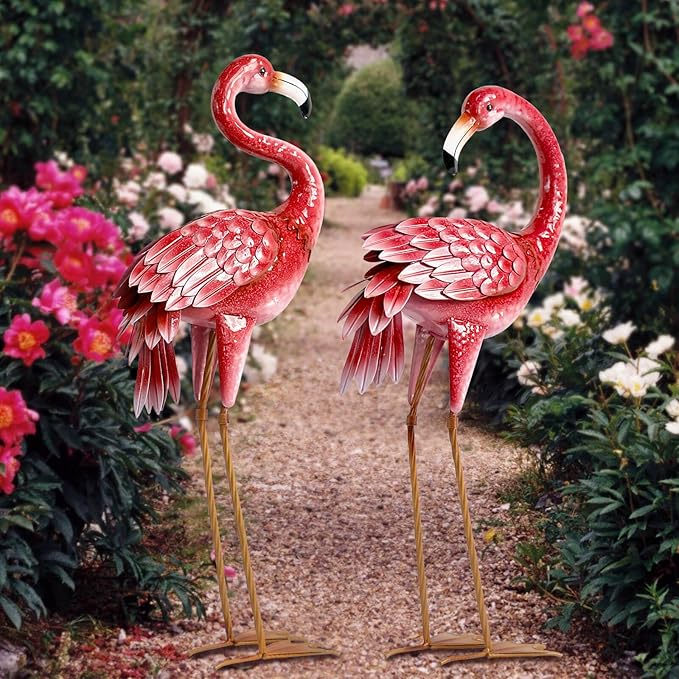 Kircust Flamingo Garden Statues and Sculptures, Metal Birds Yard Art Outdoor Statue, Large Pink Flamingo Lawn Ornaments for Home, Patio, Backyard Decor (2-Pack)-Ruum Studio Home