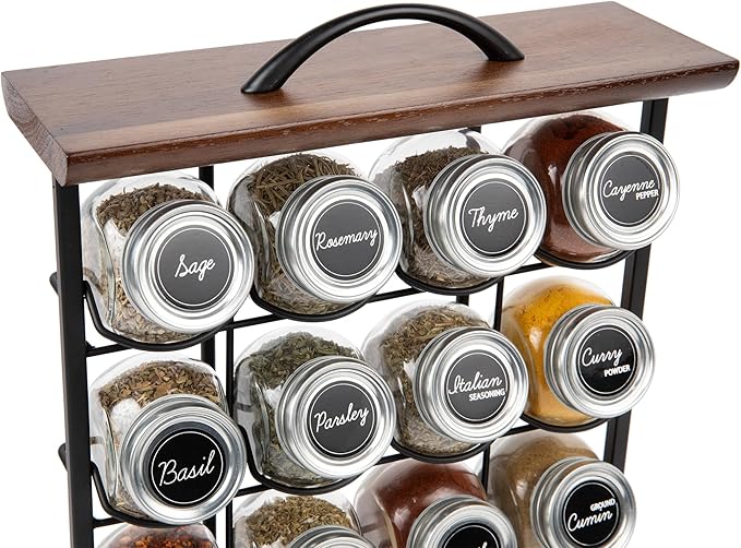 Orii 16 Jar Acacia Wood & Metal Wire Spice Rack with Spices Included, Storage for Spices and Seasoning, Black & Brown-Ruum Studio Home