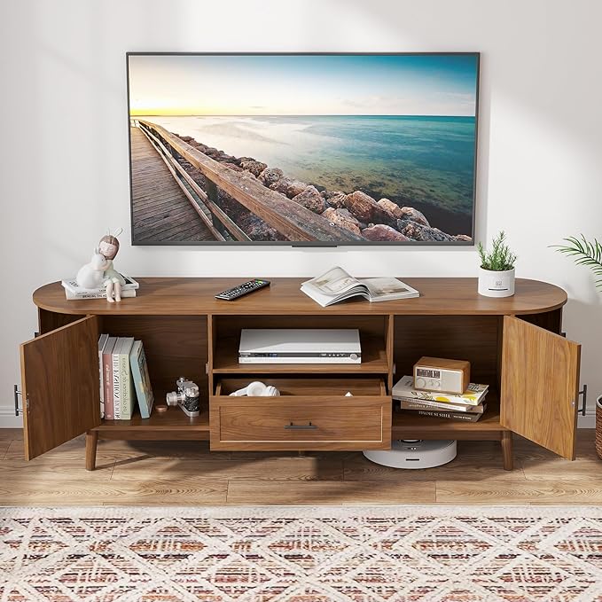 70" Fluted TV Stand for Tvs up to 80", Mid-Century Modern Entertainment Center with Drawers and Fluted Doors, Curved TV Media Console Table with Sliding Doors for Living Room, Bedroom (70")-Ruum Studio Home