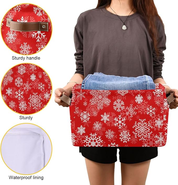 Christmas White Snowflakes on Red Storage Basket Cube Storage Bins Organizer Bag Collapsible Closet Shelf Baskets with handle for Baby Cloth Pet Toy Book 14.2×10.2×8.3 IN-Ruum Studio Home