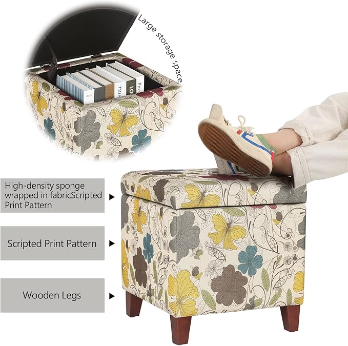 Adeco 18 Inch High Cube Ottoman Storage, Floral Printed Linen Chair Foot Stools, Upholstered Vanity Stool with Hinged Lid, Solid Wood Legs-Ruum Studio Home
