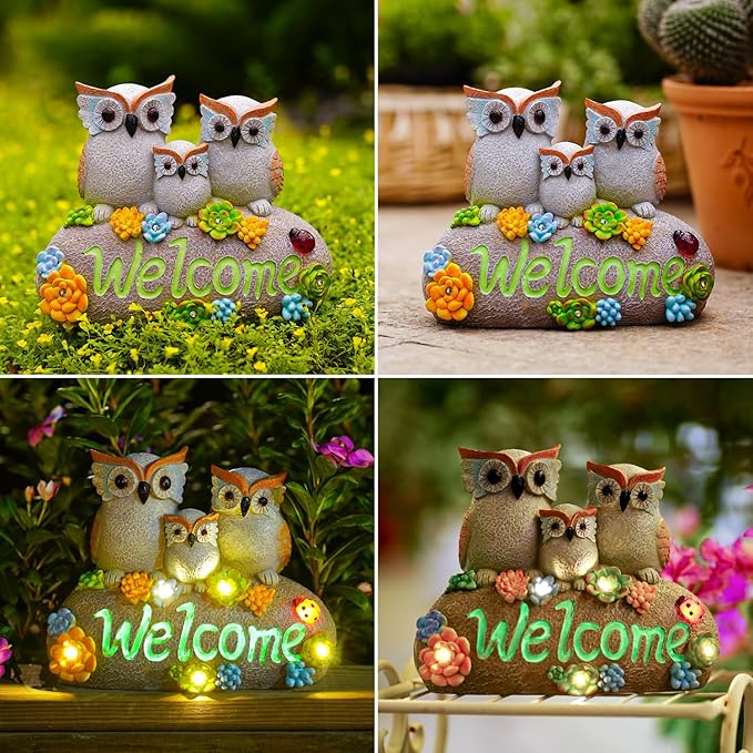 Nacome Solar Owl Statues for Garden Decor: Welcome Sign Outside Lawn for Patio/Balcony/Yard Art/Lawn Ornament House Warming Gifts for Mom/Women-Ruum Studio Home