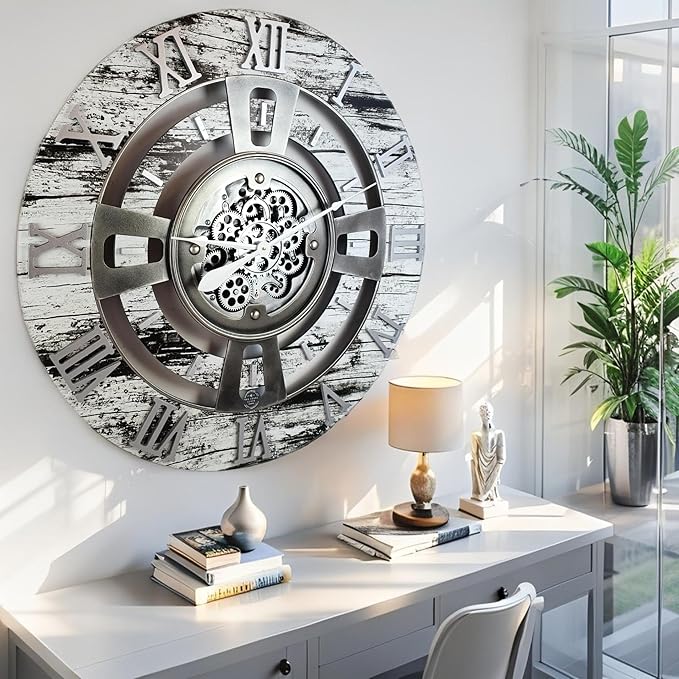 The Gears Clock 24'' Inch Real Moving Gear Wall Clock England Line (Grey & White, 24 inches (60 cm))-Ruum Studio Home