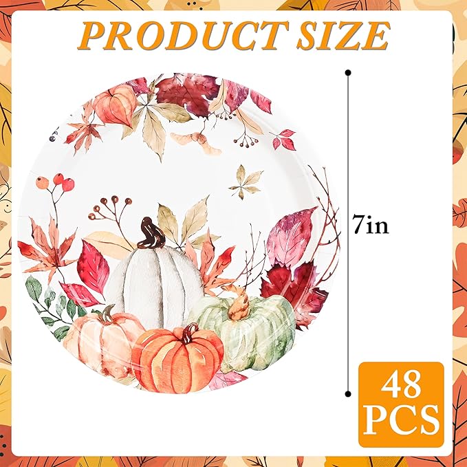 AllReal Fall Pumpkins Paper Plates Rustic Pumpkin Leaves Disposable Party Plate 7" Thanksgiving Autumn Dessert Plate for Birthday Baby Shower Party Supplies Table Decor (48)-Ruum Studio Home