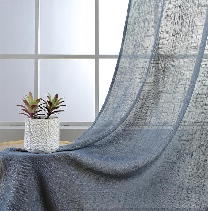 MIUCO Semi Sheer Curtains Poly Linen Textured Solid Grommet Curtains 95 Inches Long for French Doors 2 Panels (2 x 37 Wide x 95" Long) Dusty Blue-Ruum Studio Home