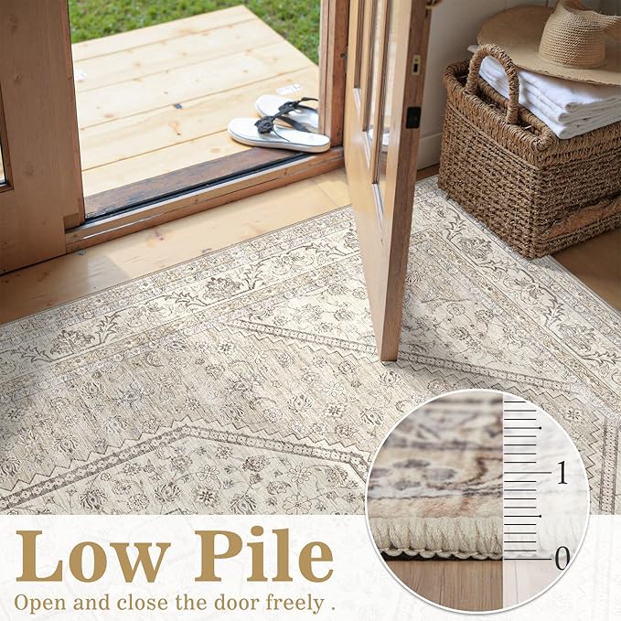DCX Machine Washable Brown and Beige Area Rug 5x7, Non Slip Stain Resistant Vintage Floral Rug for Living Room Bedroom Nursery, Soft Low Pile Large Carpet-Ruum Studio Home