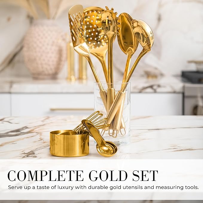 Gold Cooking Utensils with Measuring Cups and Spoons Set - 13-Piece Luxury Gold Kitchen Accessories Includes Metal Measuring Cups and Spoons for Baking, Cooking, and Elegant Kitchen Decor-Ruum Studio Home