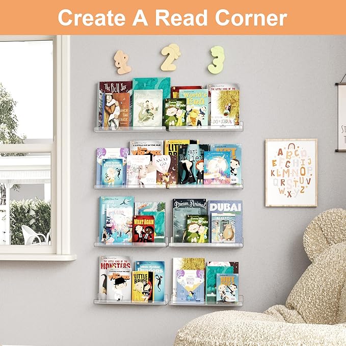 upsimples 16 Pack Acrylic Shelves for Wall Storage, 15" Floating Bookshelves for Kids, Display Shelf Organizer for Bathroom, Bedroom, Living Room, Kitchen, Room Decor, Clear-Ruum Studio Home