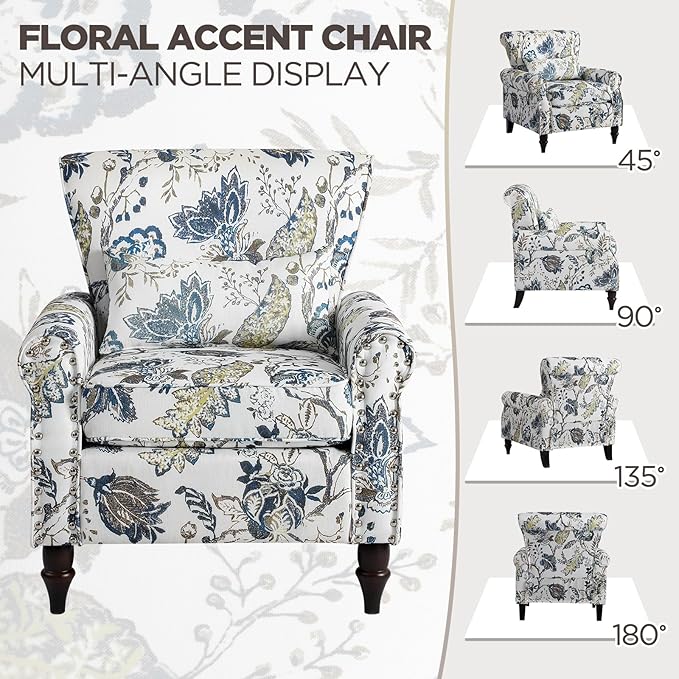 Wingback Accent Chair with Removable Pillow, High Back Floral Armchair with Solid Wood Legs & Nailhead Trim, Comfy Upholstered Reading Single Sofa Chair for Bedroom (2, Blue Floral Pattern)-Ruum Studio Home